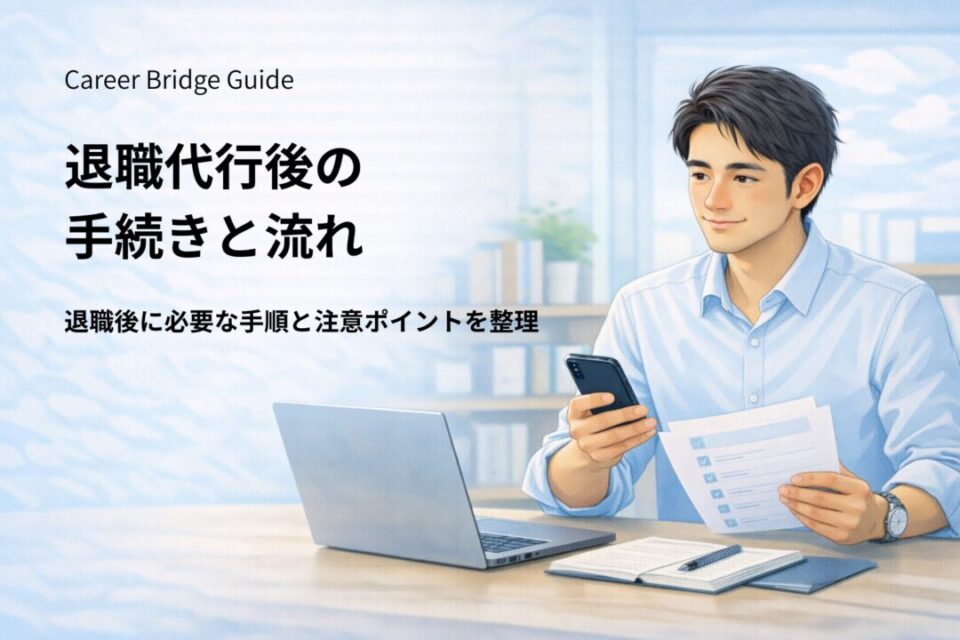退職代行を利用した後に必要な手続きを確認している日本人会社員のイメージ