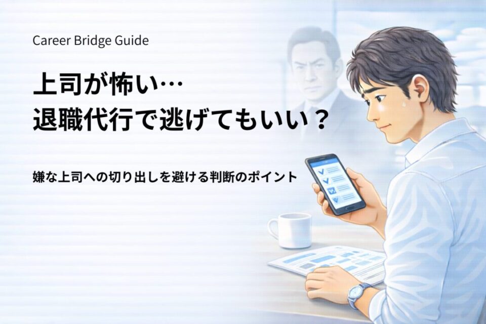 上司が怖くて退職を言い出せず、退職代行の利用を検討している会社員のイメージ