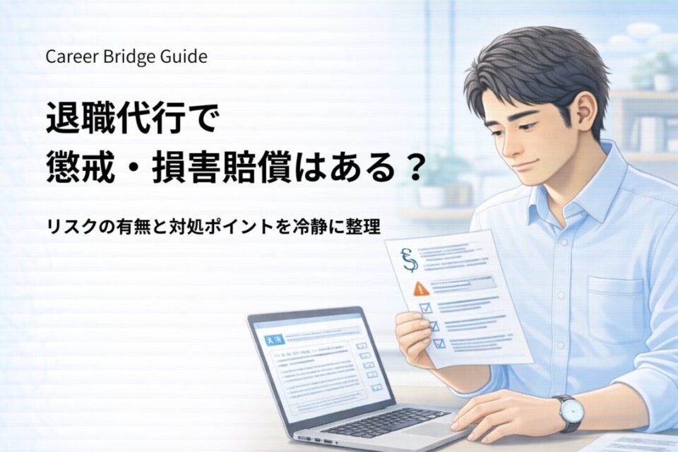 退職代行の利用で懲戒処分や損害賠償を請求されるリスクについて不安を感じている会社員のイメージ